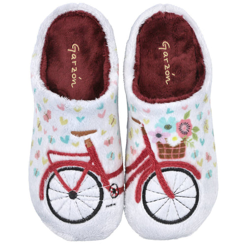 Garzon MD15370 Zapatillas de Casa Blancas con Dibujo de Bicicleta para Mujer